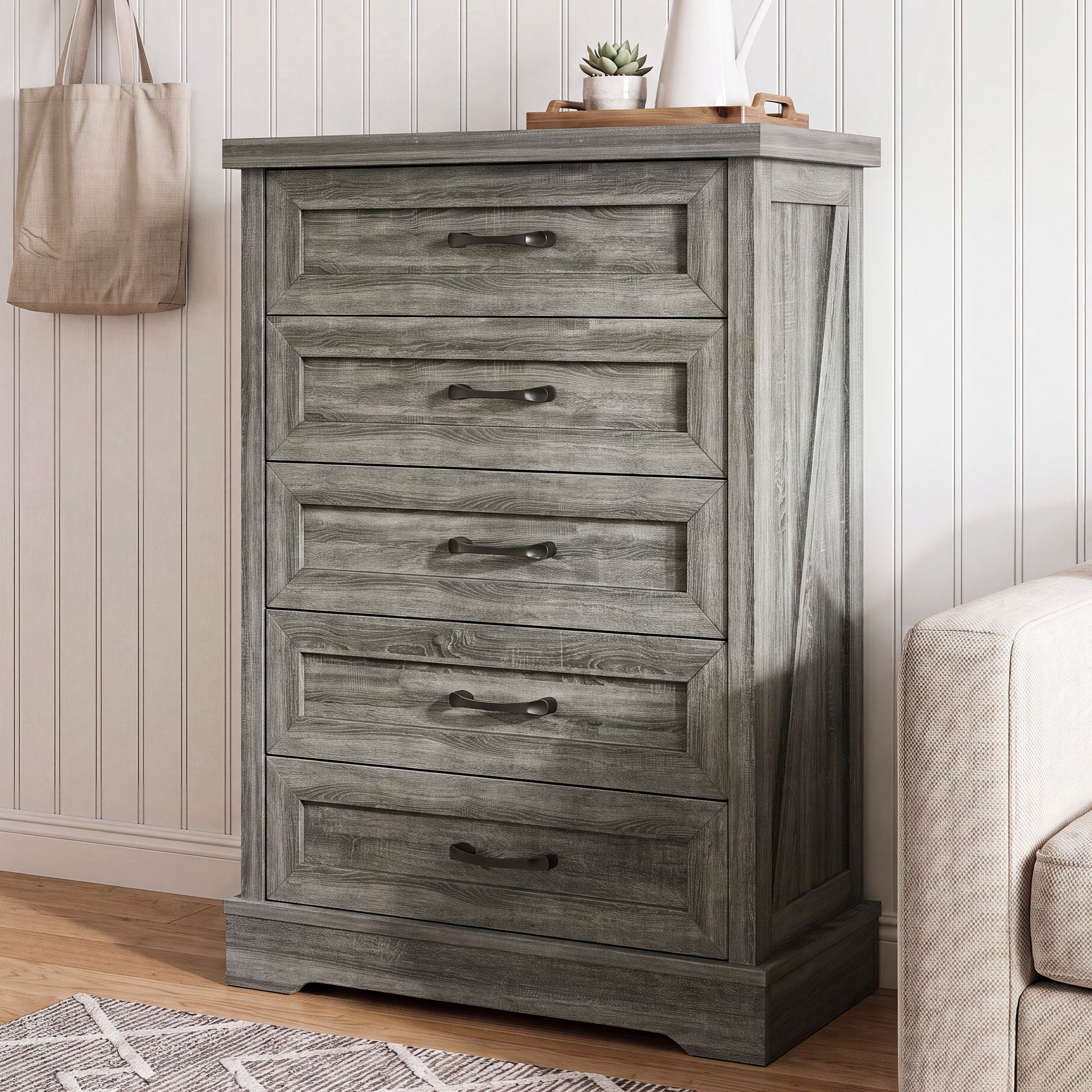 AODK 5 Drawer White Dresser for Bedroom, Storage Cabinet for Bedroom, Tall Chest of Drawers for Living Room, Entryway, Hallway, Oak Gray