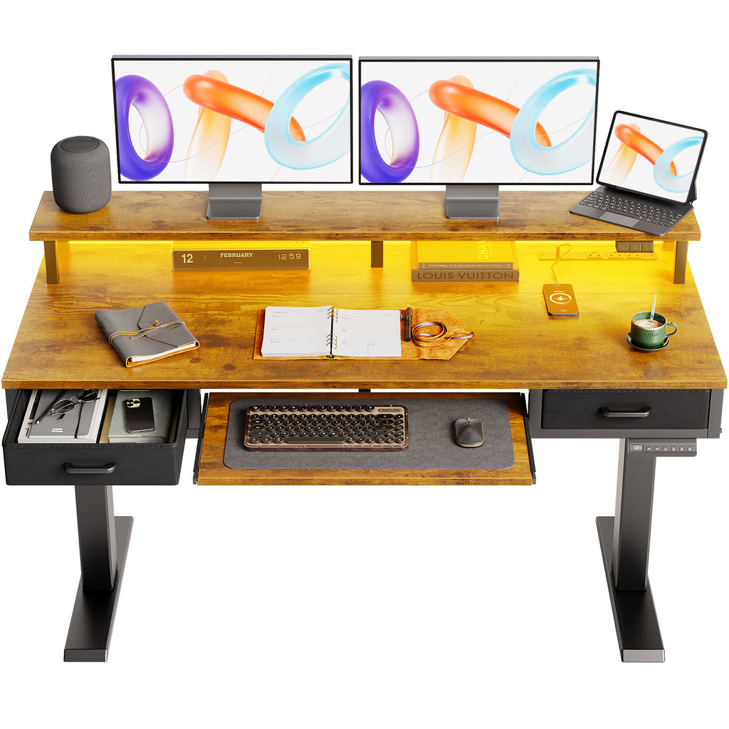 AODK Electric Standing Desk with Drawers & Keyboard Tray, 55 Inch Height Adjustable Gaming Desk with Power Outlets & LED Lights, Sit Stand Table with Monitor Stand for Home, Office, Rustic Brown