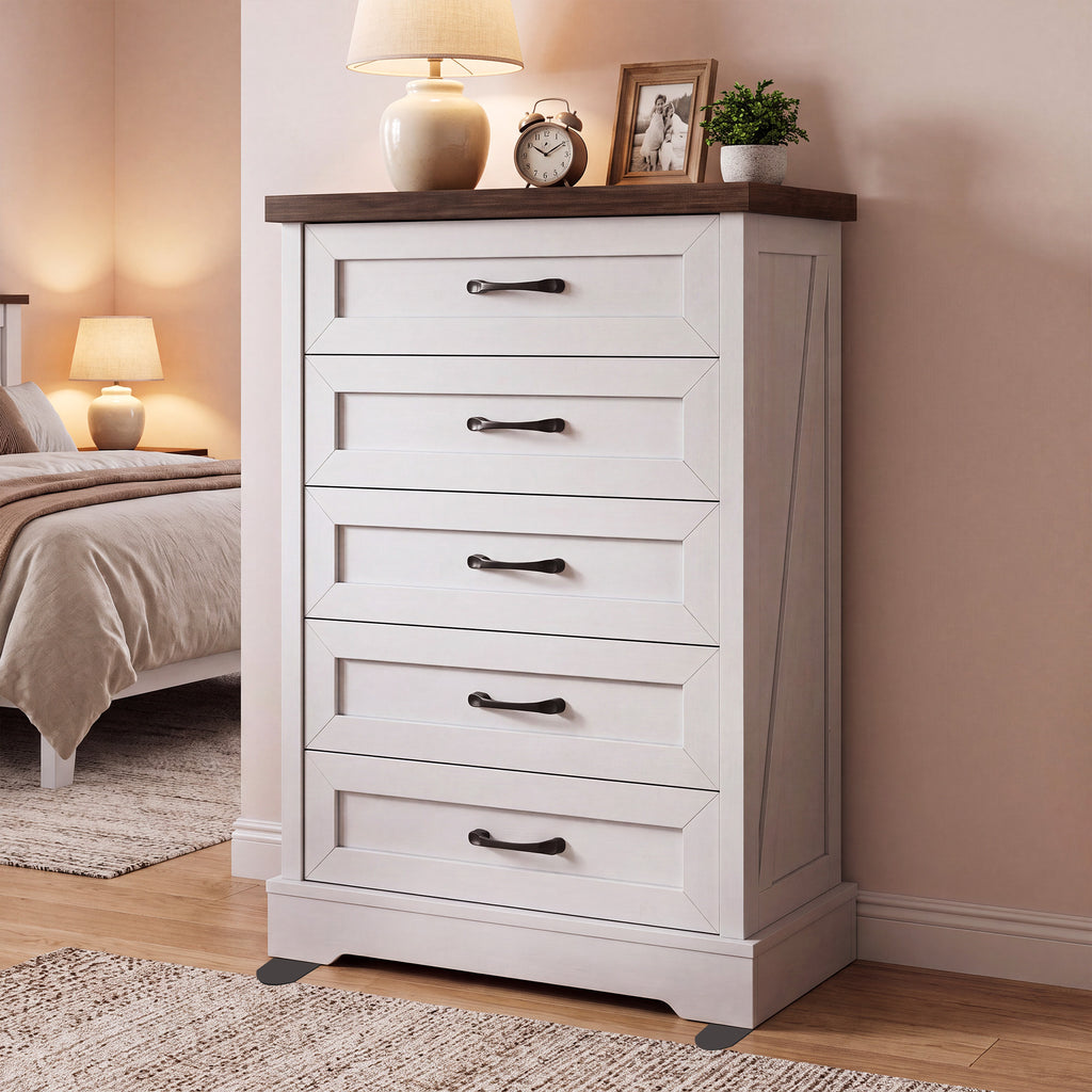 AODK 5 Drawer White Dresser for Bedroom, Storage Cabinet for Bedroom, Tall Chest of Drawers for Living Room, Entryway, Hallway, Walnut & White