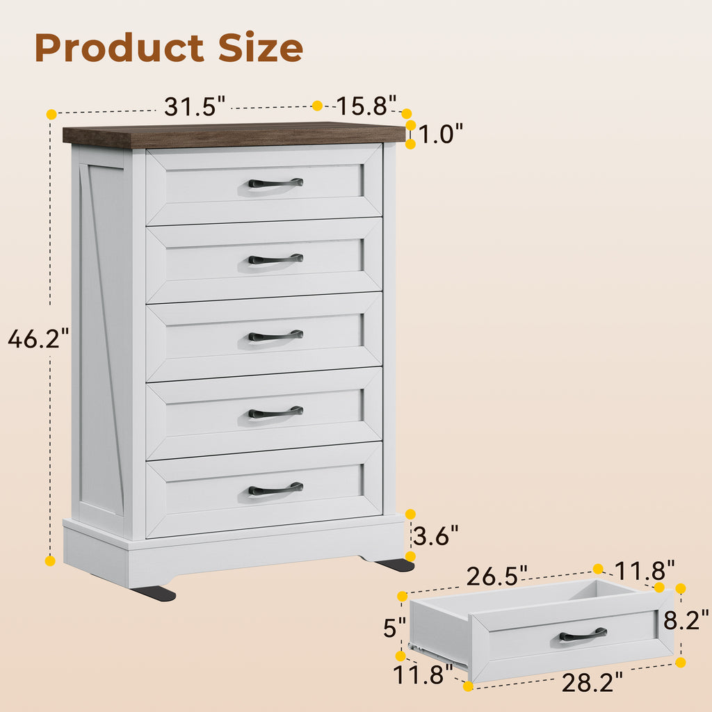 AODK 5 Drawer White Dresser for Bedroom, Storage Cabinet for Bedroom, Tall Chest of Drawers for Living Room, Entryway, Hallway, Walnut & White