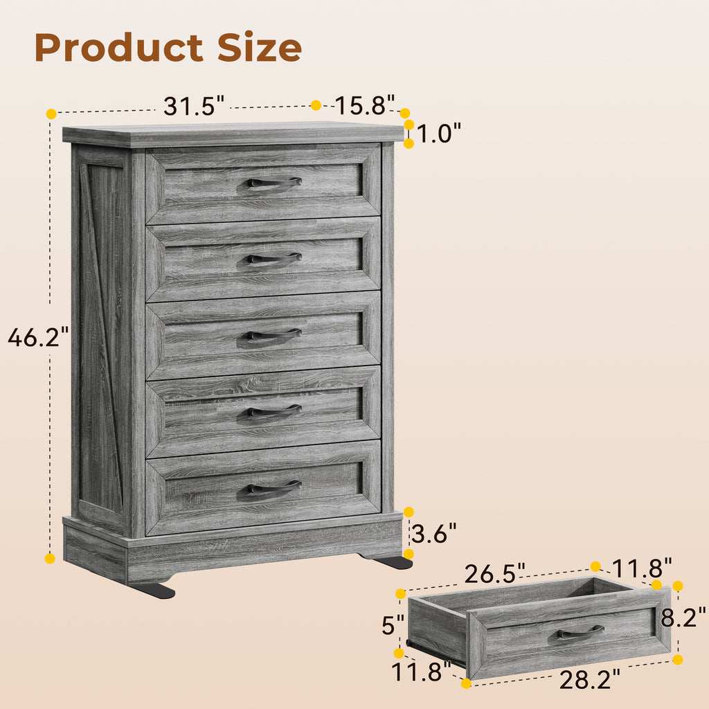 AODK 5 Drawer White Dresser for Bedroom, Storage Cabinet for Bedroom, Tall Chest of Drawers for Living Room, Entryway, Hallway, Oak Gray