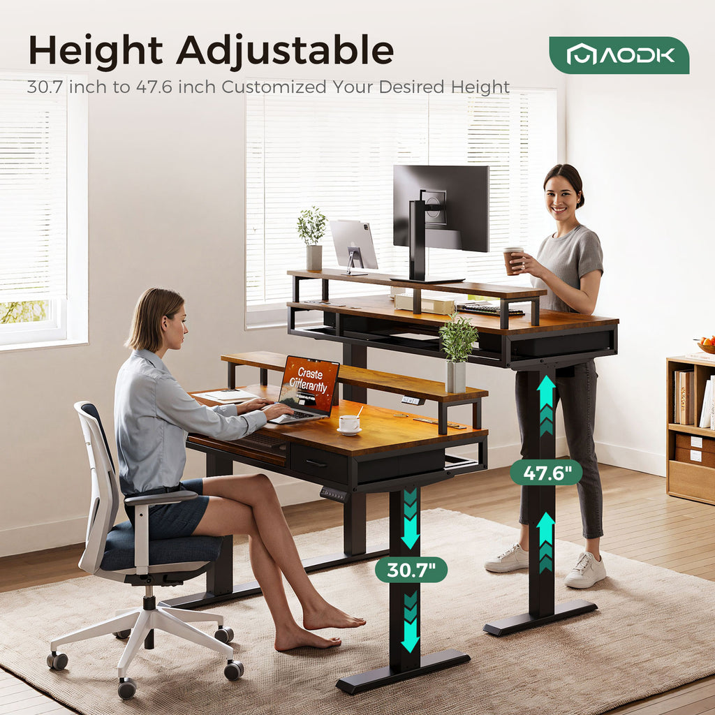 AODK Electric Standing Desk with Drawers & Keyboard Tray, 55 Inch Height Adjustable Gaming Desk with Power Outlets & LED Lights, Sit Stand Table with Monitor Stand for Home, Office, Rustic Brown