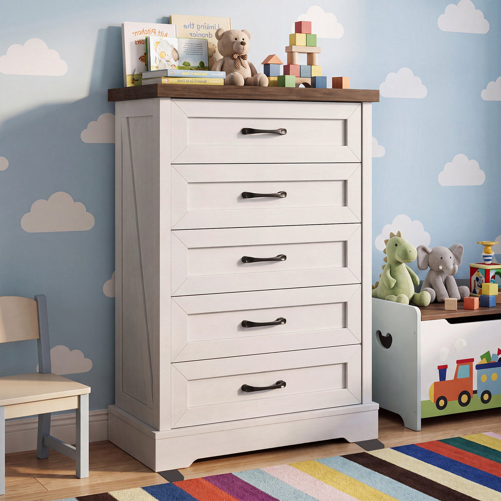 AODK 5 Drawer White Dresser for Bedroom, Storage Cabinet for Bedroom, Tall Chest of Drawers for Living Room, Entryway, Hallway, Walnut & White