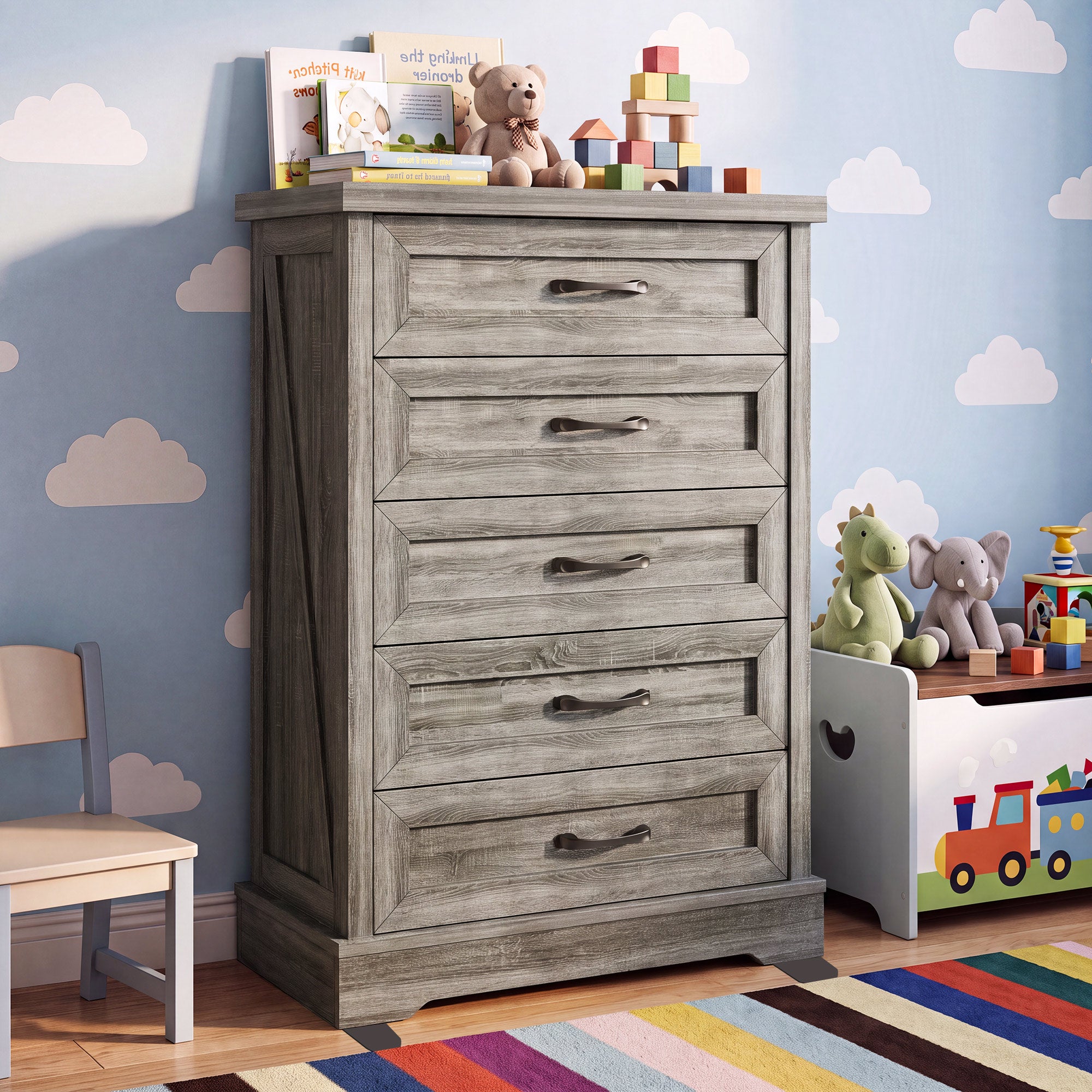 AODK 5 Drawer White Dresser for Bedroom, Storage Cabinet for Bedroom, Tall Chest of Drawers for Living Room, Entryway, Hallway, Oak Gray