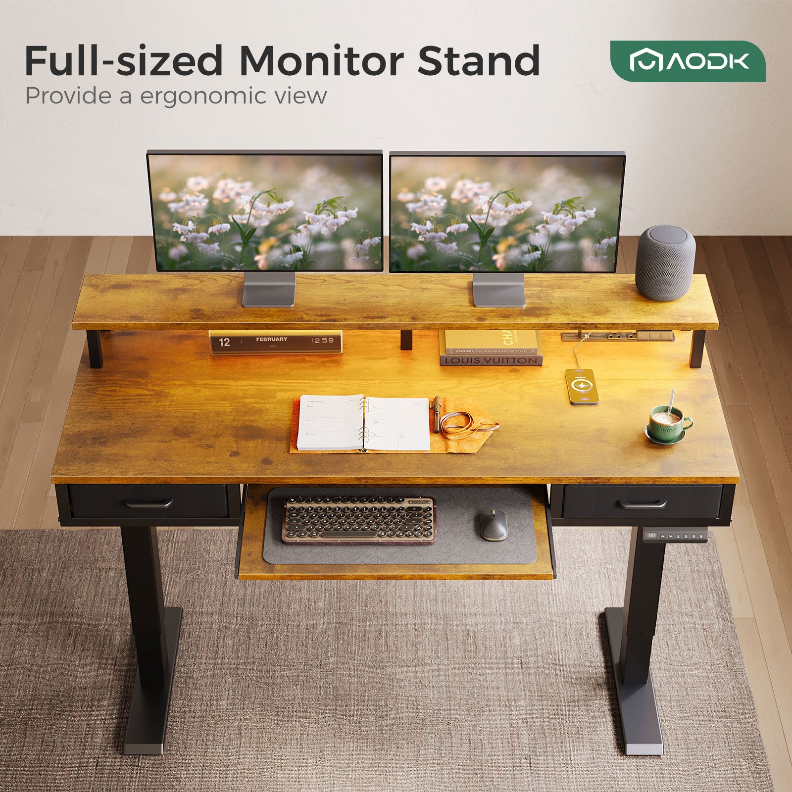 AODK Electric Standing Desk with Drawers & Keyboard Tray, 55 Inch Height Adjustable Gaming Desk with Power Outlets & LED Lights, Sit Stand Table with Monitor Stand for Home, Office, Rustic Brown