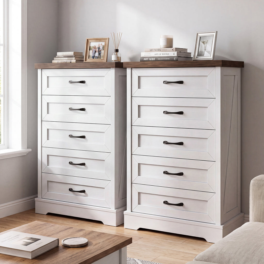 AODK 5 Drawer White Dresser for Bedroom, Storage Cabinet for Bedroom, Tall Chest of Drawers for Living Room, Entryway, Hallway, Walnut & White
