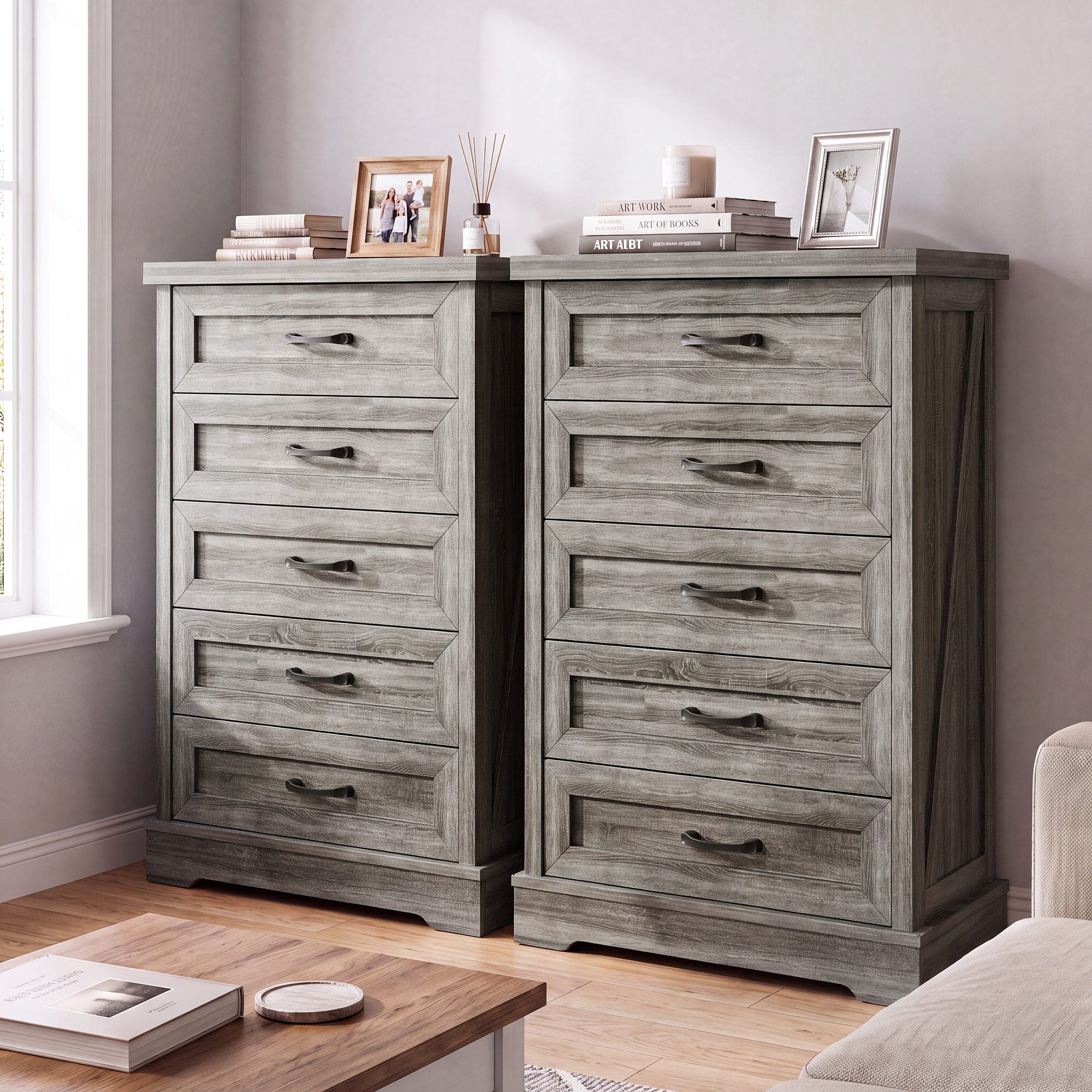 AODK 5 Drawer White Dresser for Bedroom, Storage Cabinet for Bedroom, Tall Chest of Drawers for Living Room, Entryway, Hallway, Oak Gray