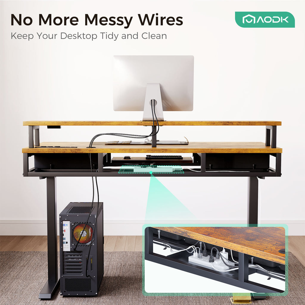 AODK Electric Standing Desk with Drawers & Keyboard Tray, 55 Inch Height Adjustable Gaming Desk with Power Outlets & LED Lights, Sit Stand Table with Monitor Stand for Home, Office, Rustic Brown