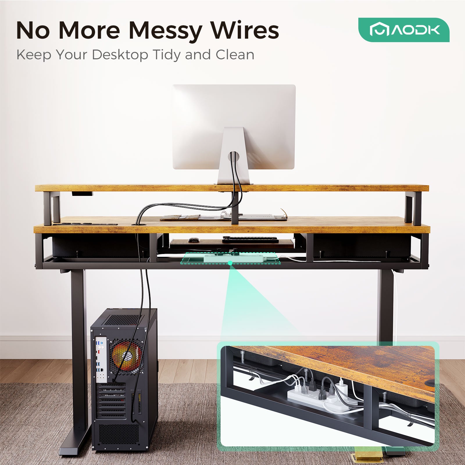AODK Electric Standing Desk with Drawers & Keyboard Tray, 55 Inch Height Adjustable Gaming Desk with Power Outlets & LED Lights, Sit Stand Table with Monitor Stand for Home, Office, Rustic Brown
