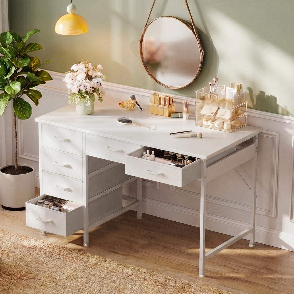 AODK 40" Computer Desk with 6 Drawers, Corner Computer Desk with Reversible Storage, Modern Home Office Desk for Small Space, Pure White