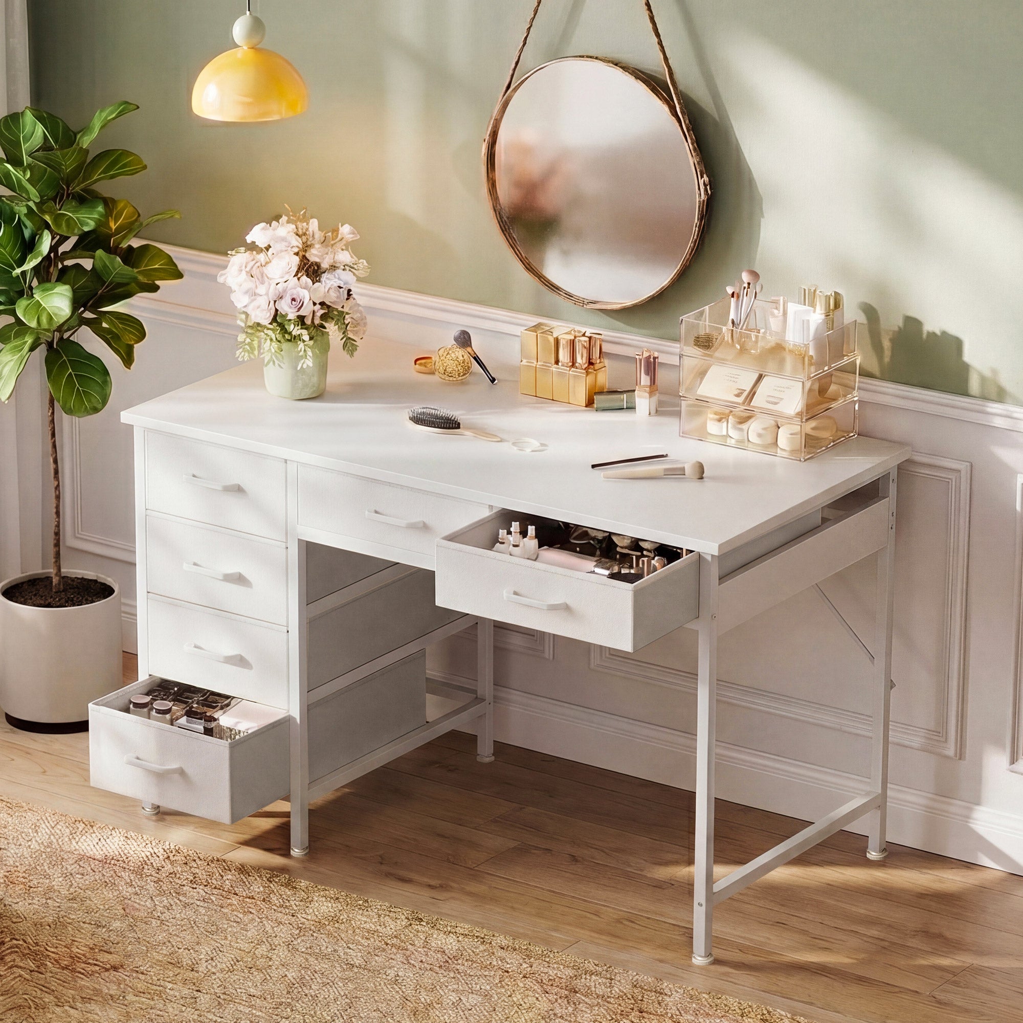 AODK 40" Computer Desk with 6 Drawers, Corner Computer Desk with Reversible Storage, Modern Home Office Desk for Small Space, Pure White